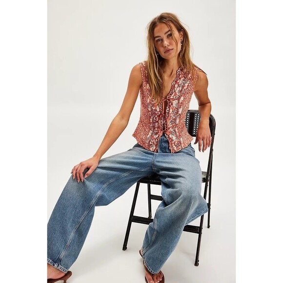 Free People Gesibelle Printed Top & Maxi Skirt Set Eyelet Embroidered L 279621 - Picture 4 of 9